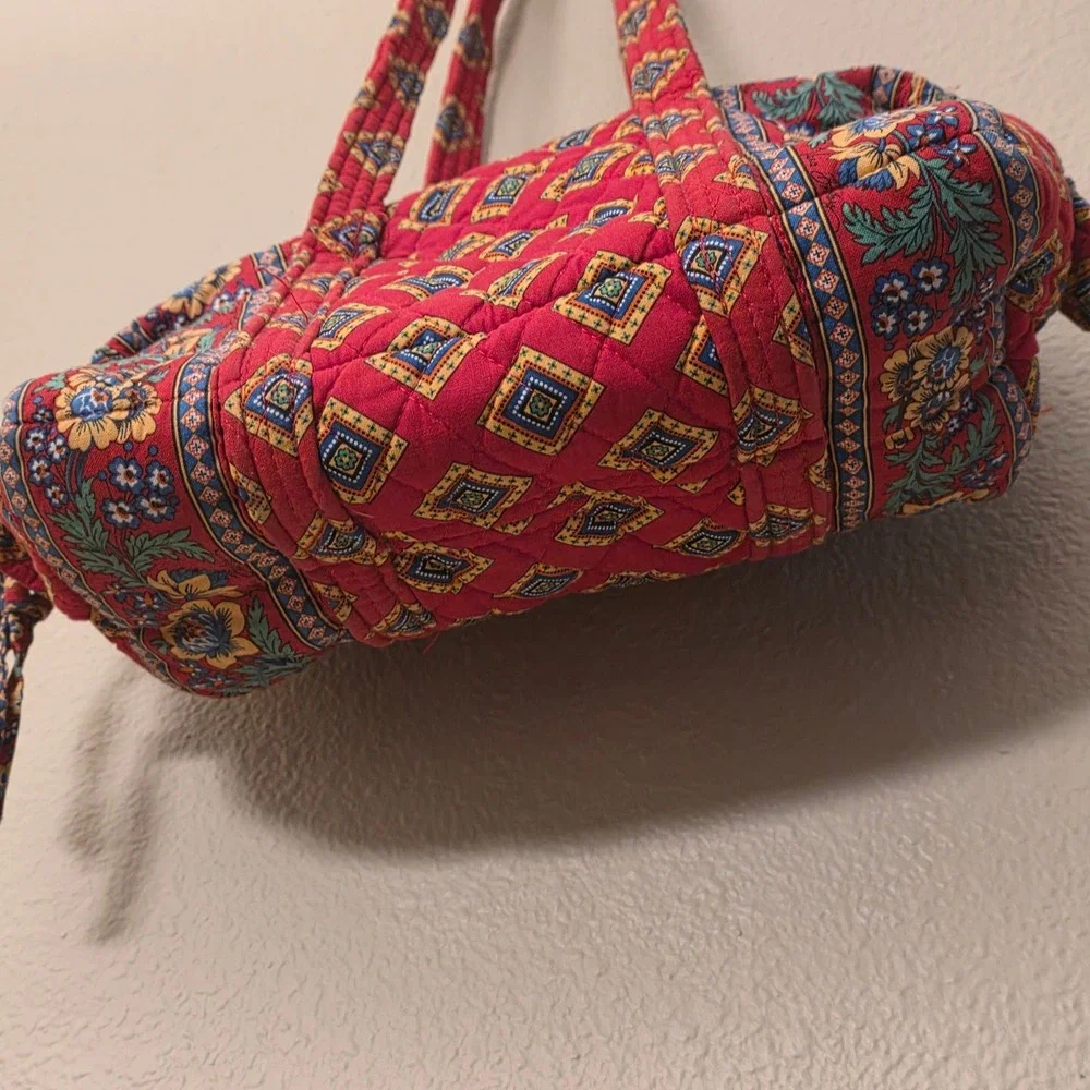 Vera Bradley Vintage Retired Red Floral Geometric Quilted Cotton Barrel Handbag